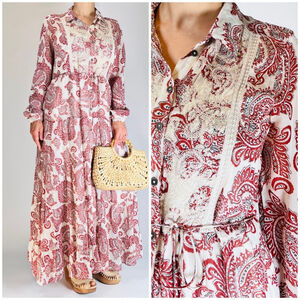 Women's ANTROPOLOGY Allaire Maxi Shirtdress Flowy Dress, Brown Red & White